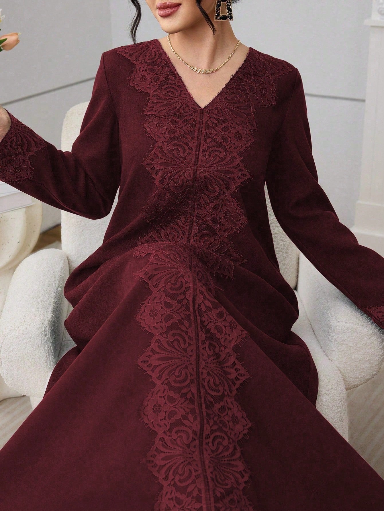 SHEIN Al Najma فستان كاجوال بتطريز دانتيل أخضر زيتوني طراز عربي