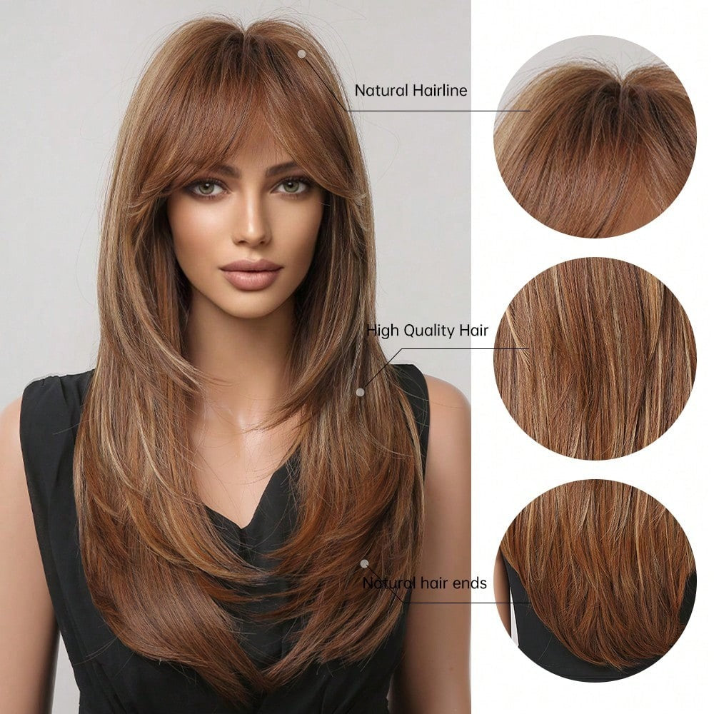 SHEIN باروكة شعر مستقيم بني مظلل مع غرة