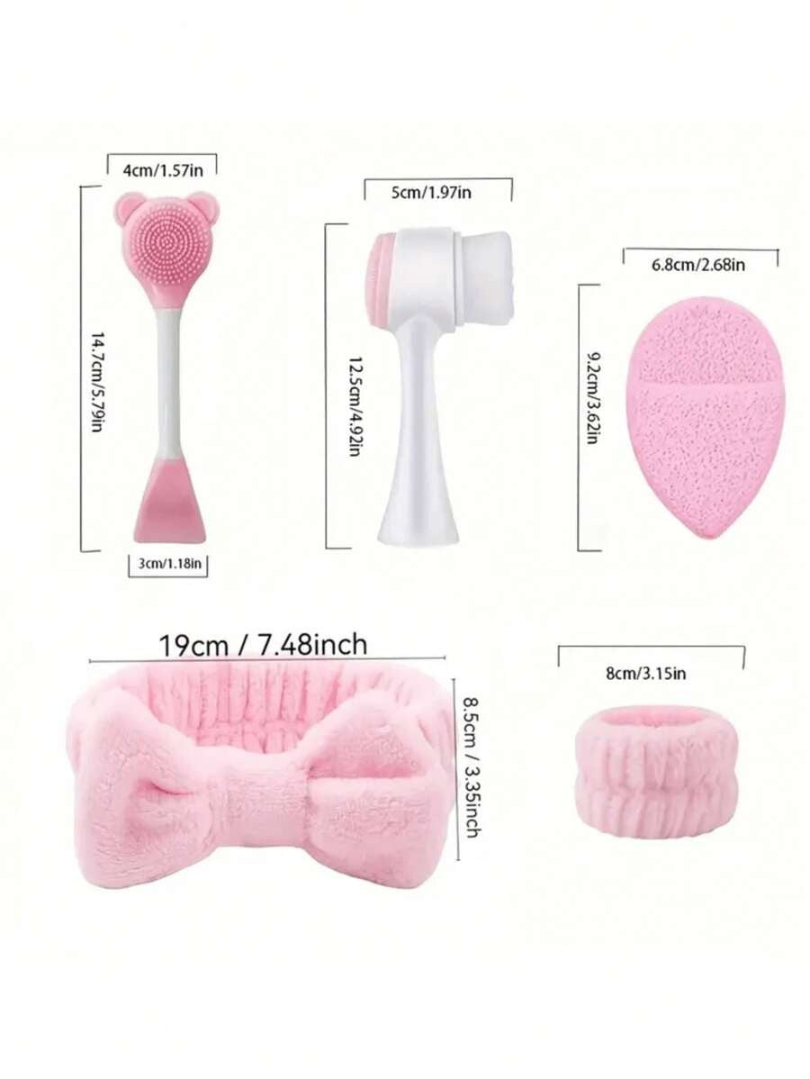 SHEIN طقم تنظيف الوجه 7 قطع فرش، شريط رأس وأدوات عناية في شنطة وحدة