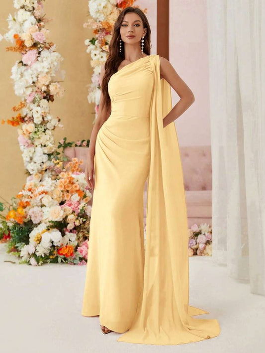 SHEIN Aureia فستان أصفر أنيق طويل بكتف واحد