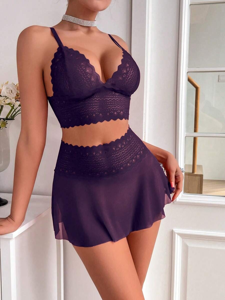 SHEIN طقم دانتيل وشبك بلون أرجواني من قطعتين