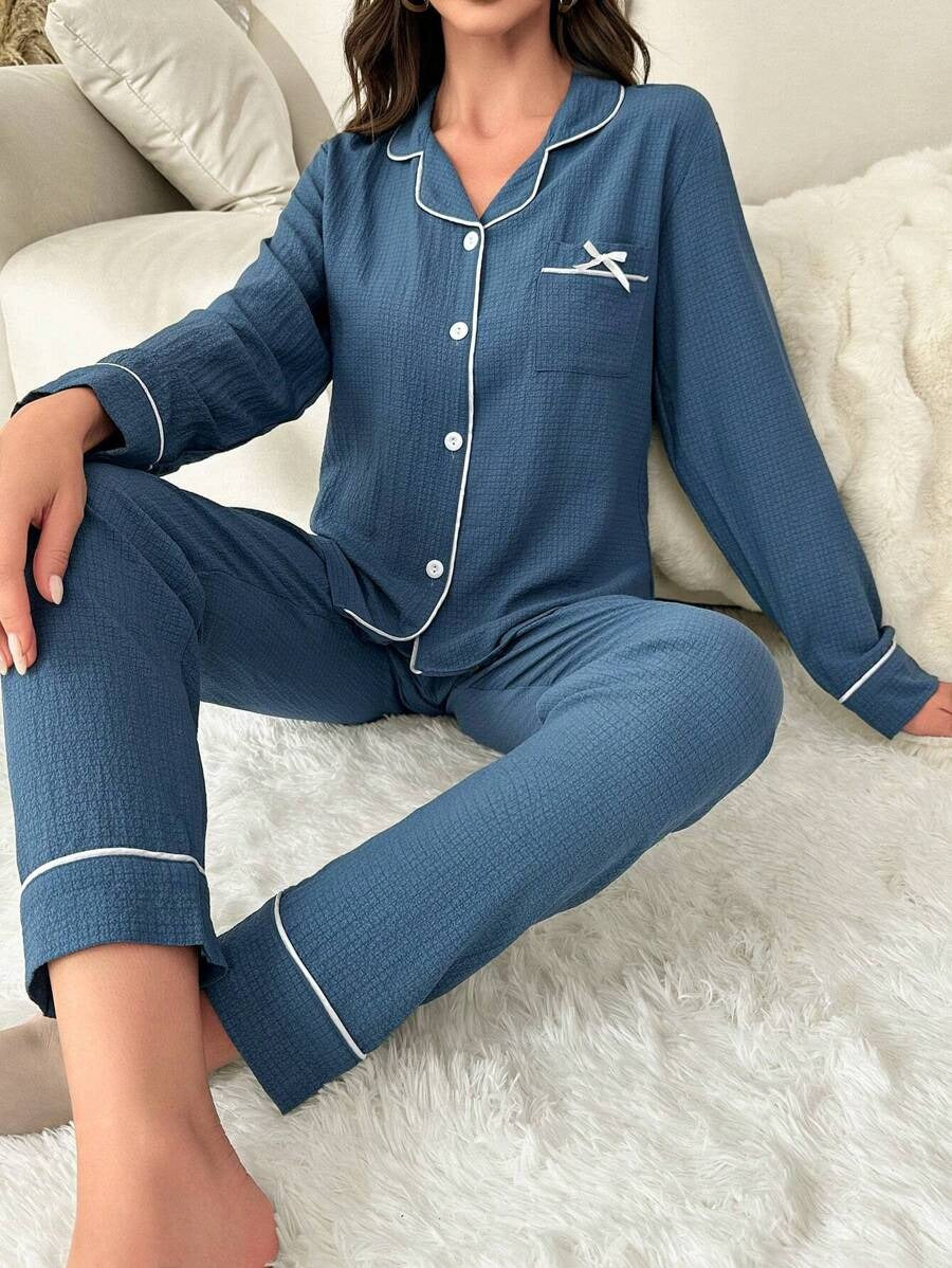SHEIN طقم بيجامة أزرق بتصميم مميز وأزرار أمامية