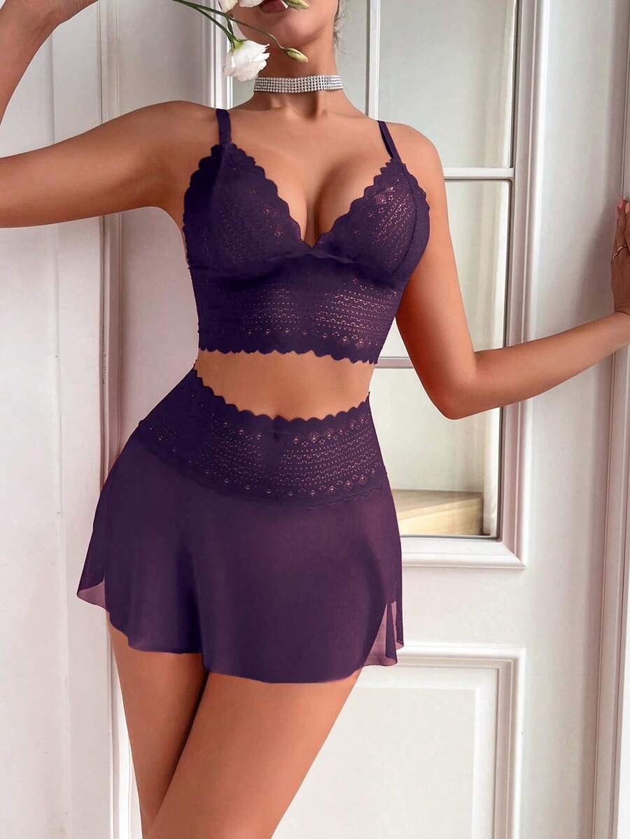 SHEIN طقم دانتيل وشبك بلون أرجواني من قطعتين
