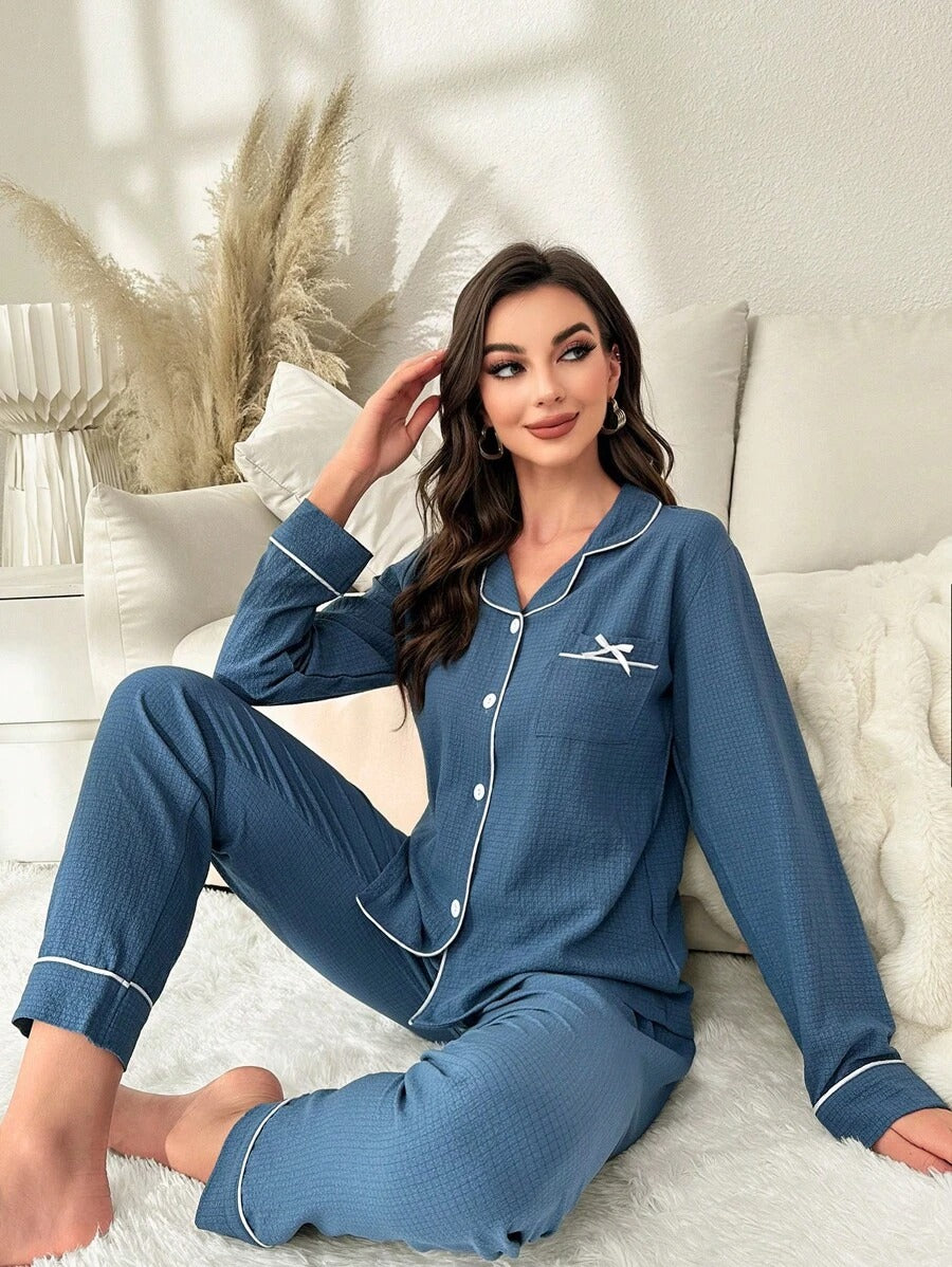 SHEIN طقم بيجامة أزرق بتصميم مميز وأزرار أمامية