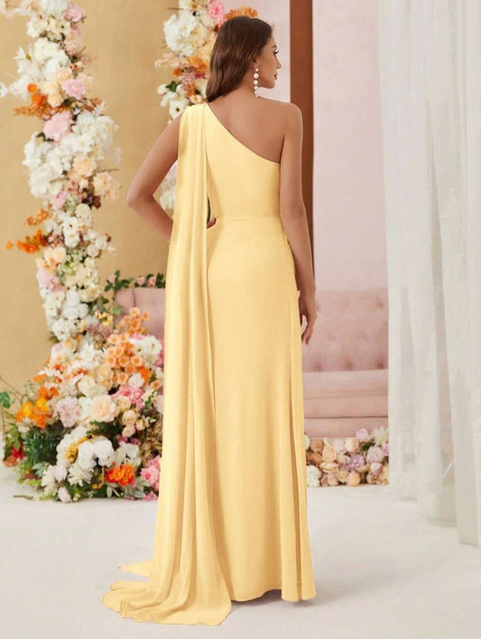 SHEIN Aureia فستان أصفر أنيق طويل بكتف واحد