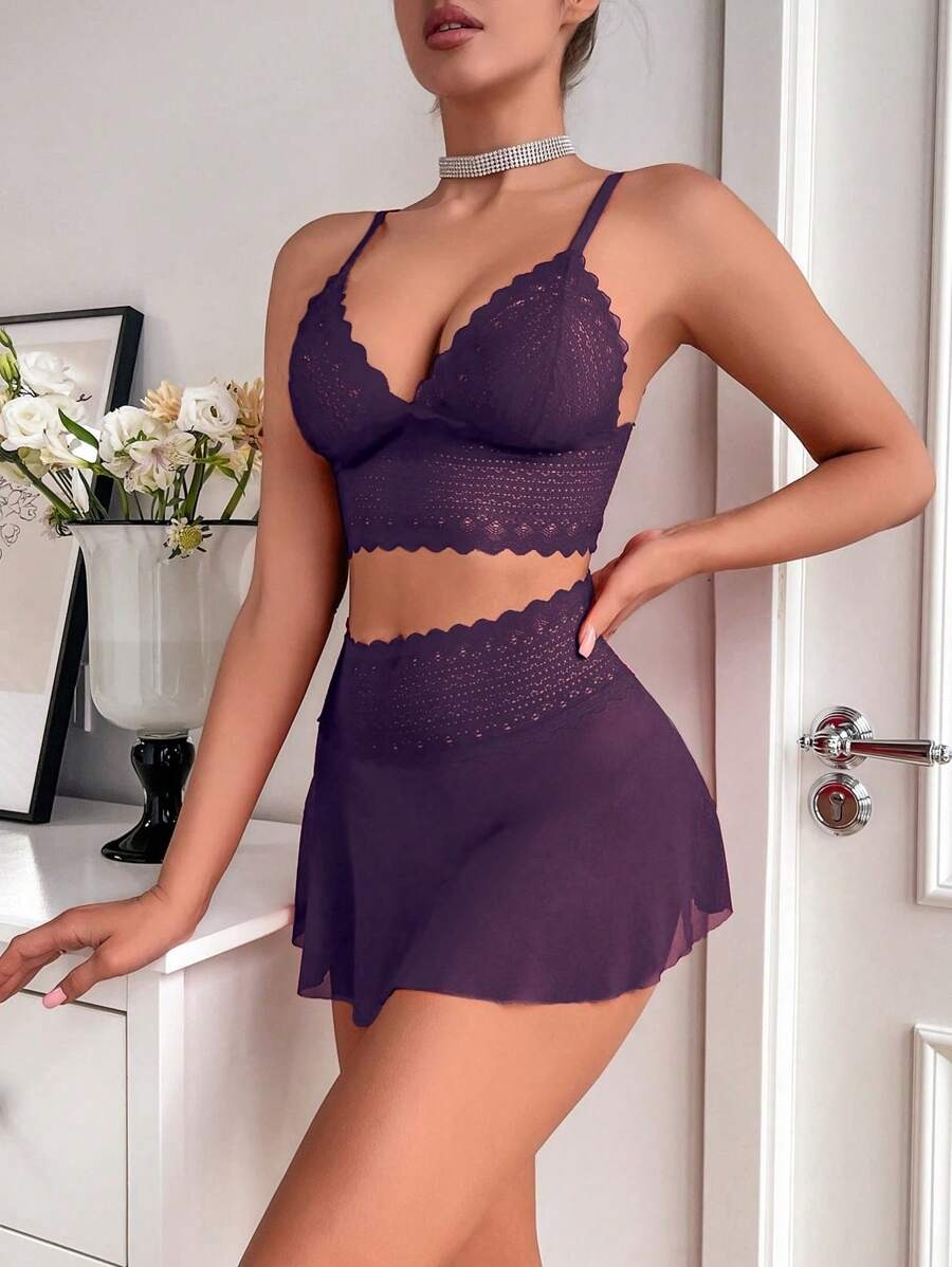 SHEIN طقم دانتيل وشبك بلون أرجواني من قطعتين
