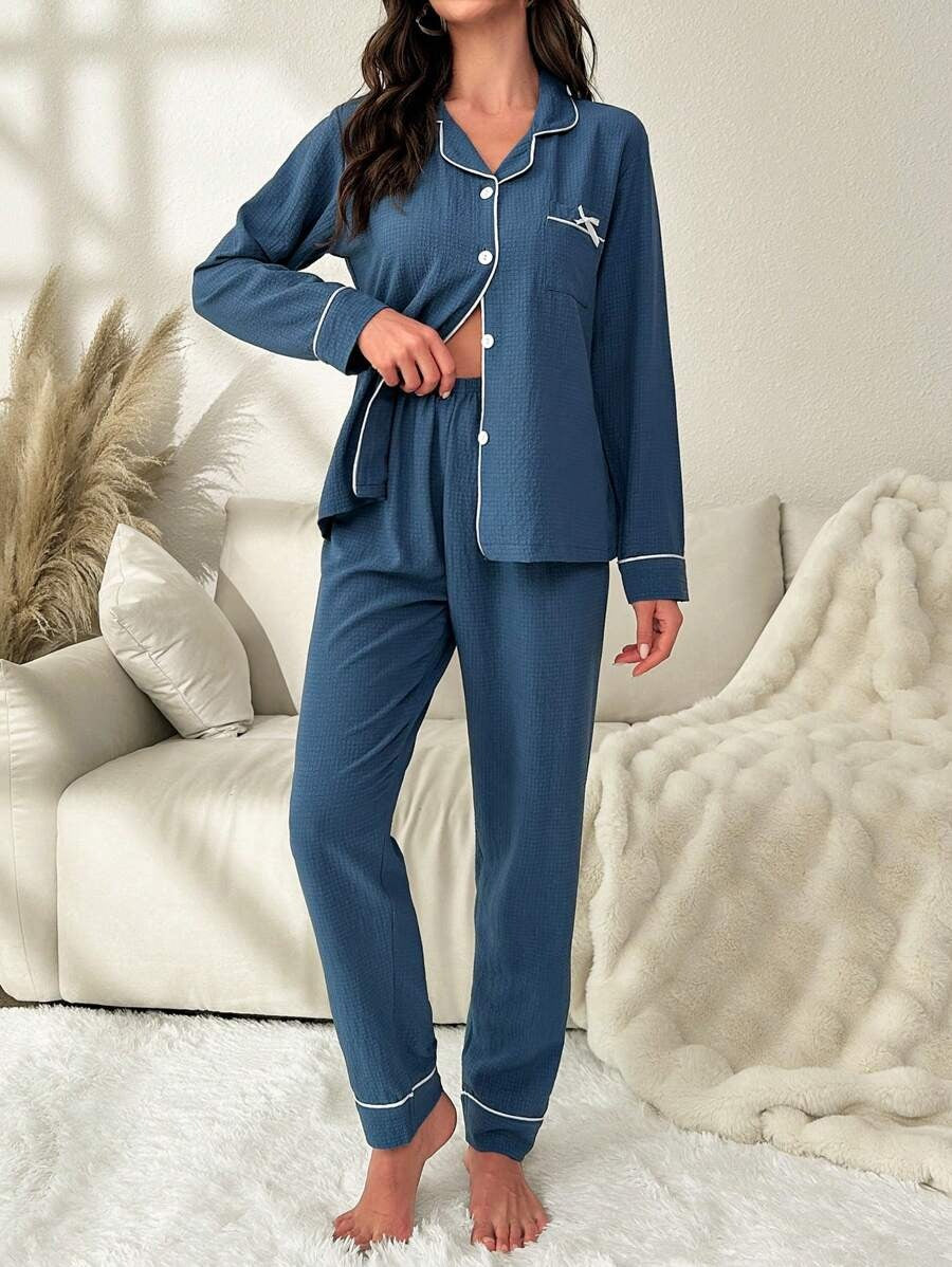 SHEIN طقم بيجامة أزرق بتصميم مميز وأزرار أمامية
