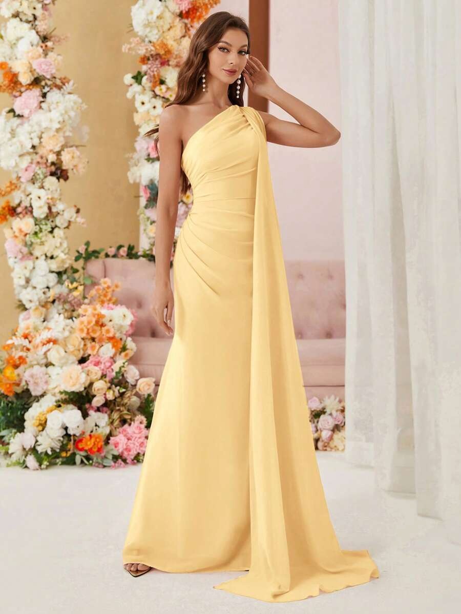 SHEIN Aureia فستان أصفر أنيق طويل بكتف واحد