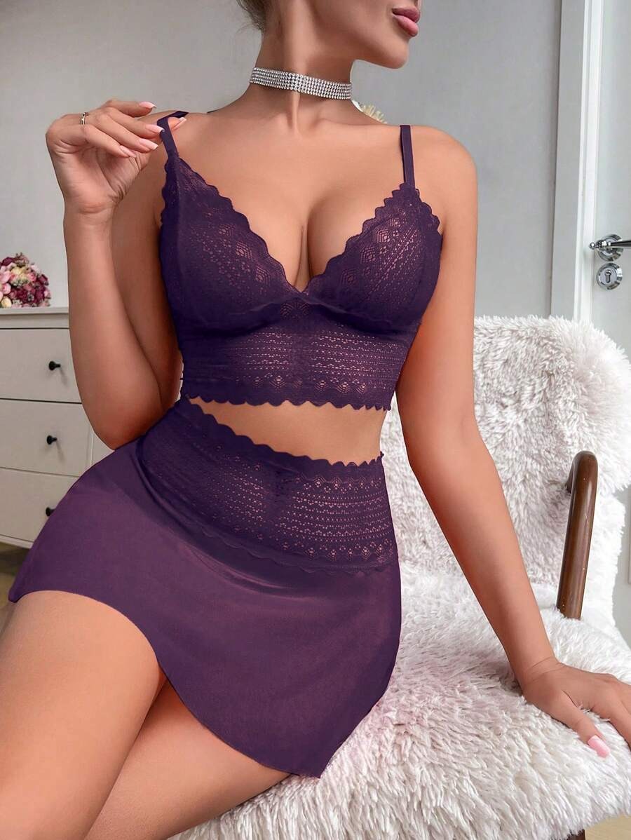 SHEIN طقم دانتيل وشبك بلون أرجواني من قطعتين