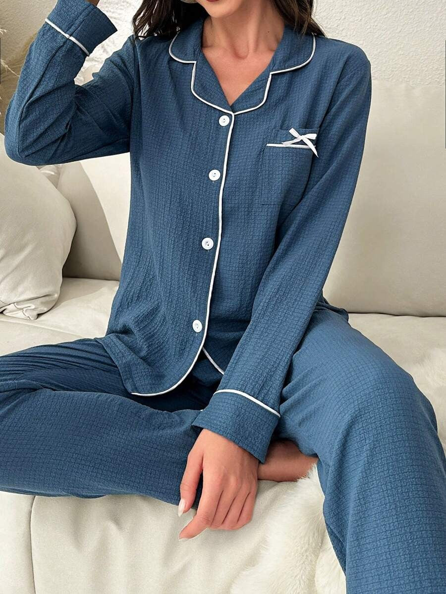 SHEIN طقم بيجامة أزرق بتصميم مميز وأزرار أمامية