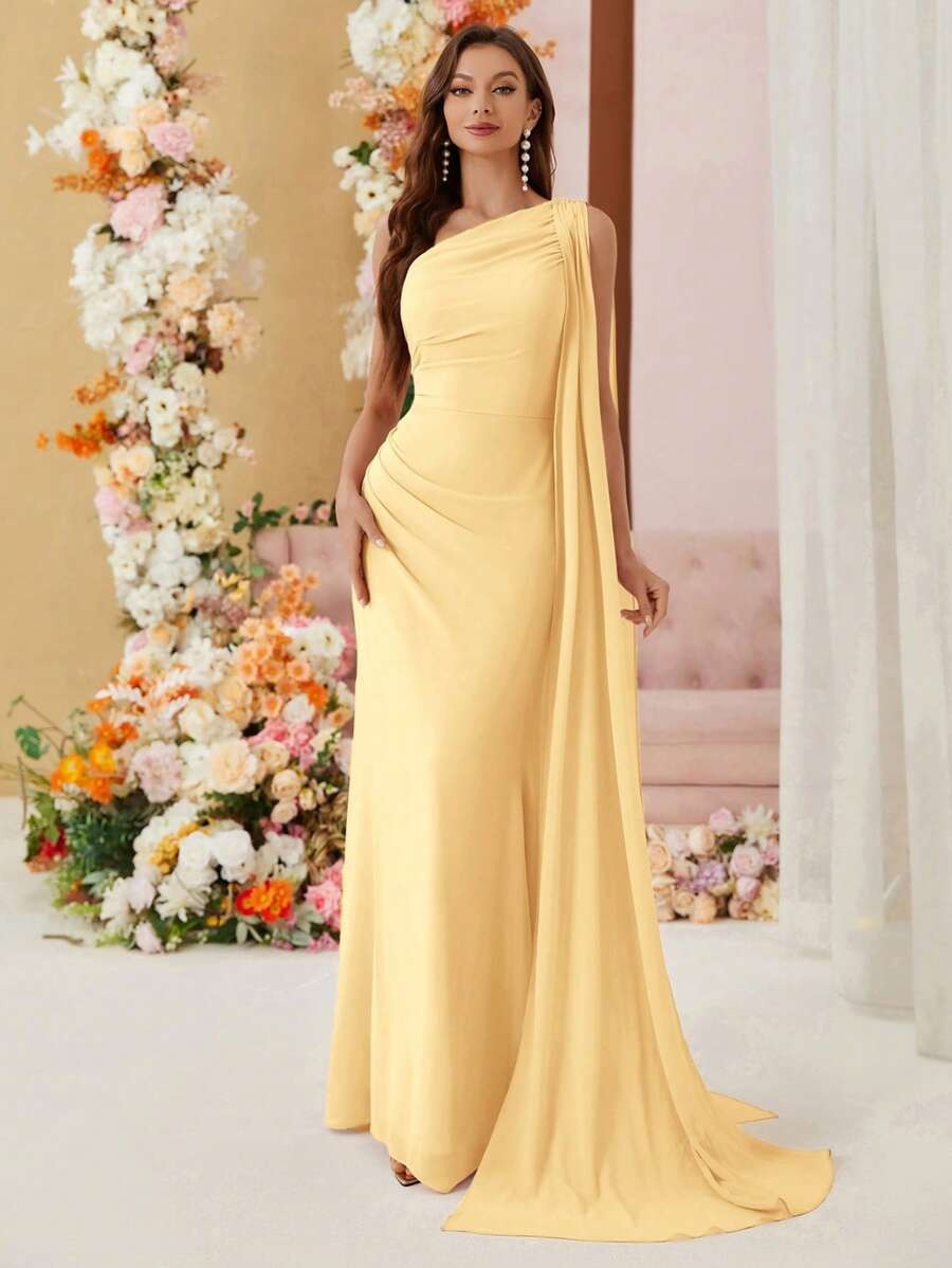 SHEIN Aureia فستان أصفر أنيق طويل بكتف واحد
