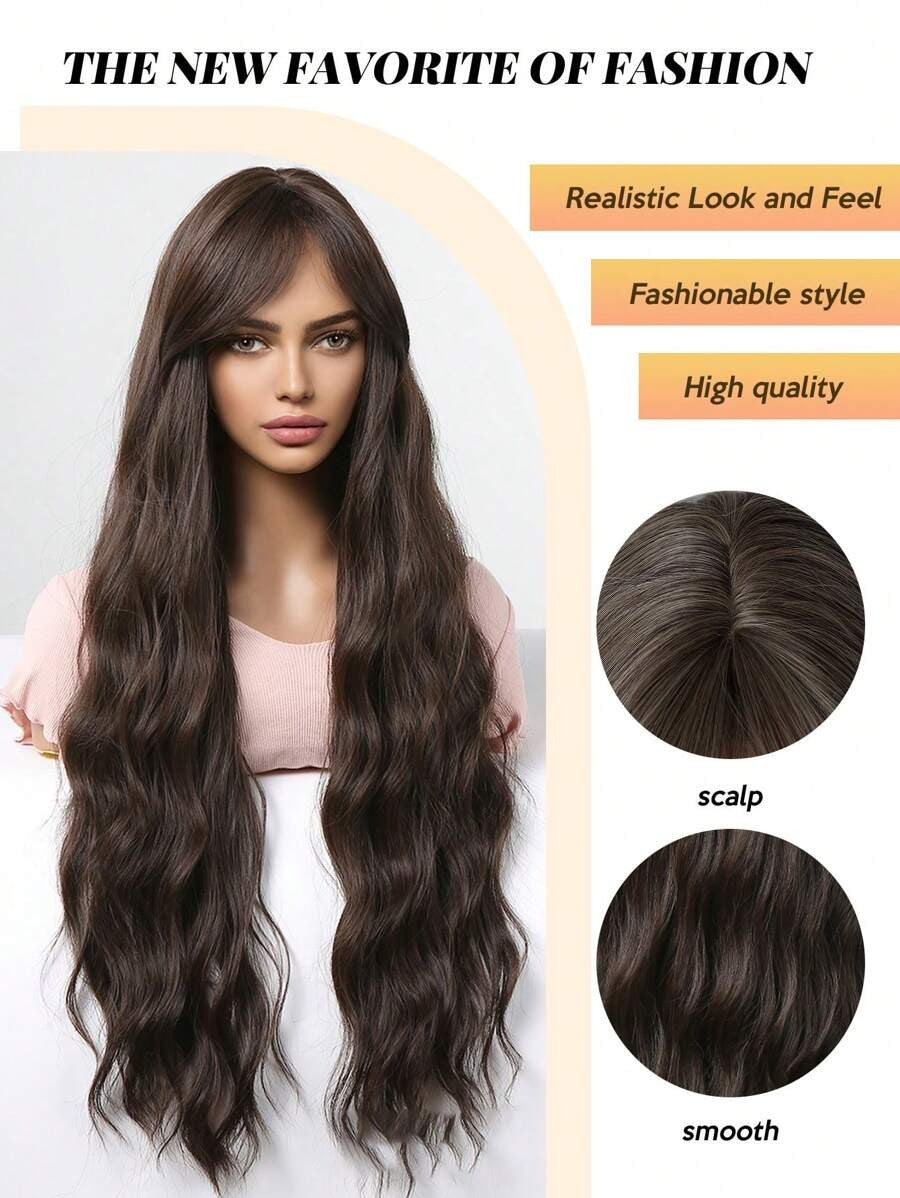 SHEIN باروكة شعر طويل مموج بخصل مموجة