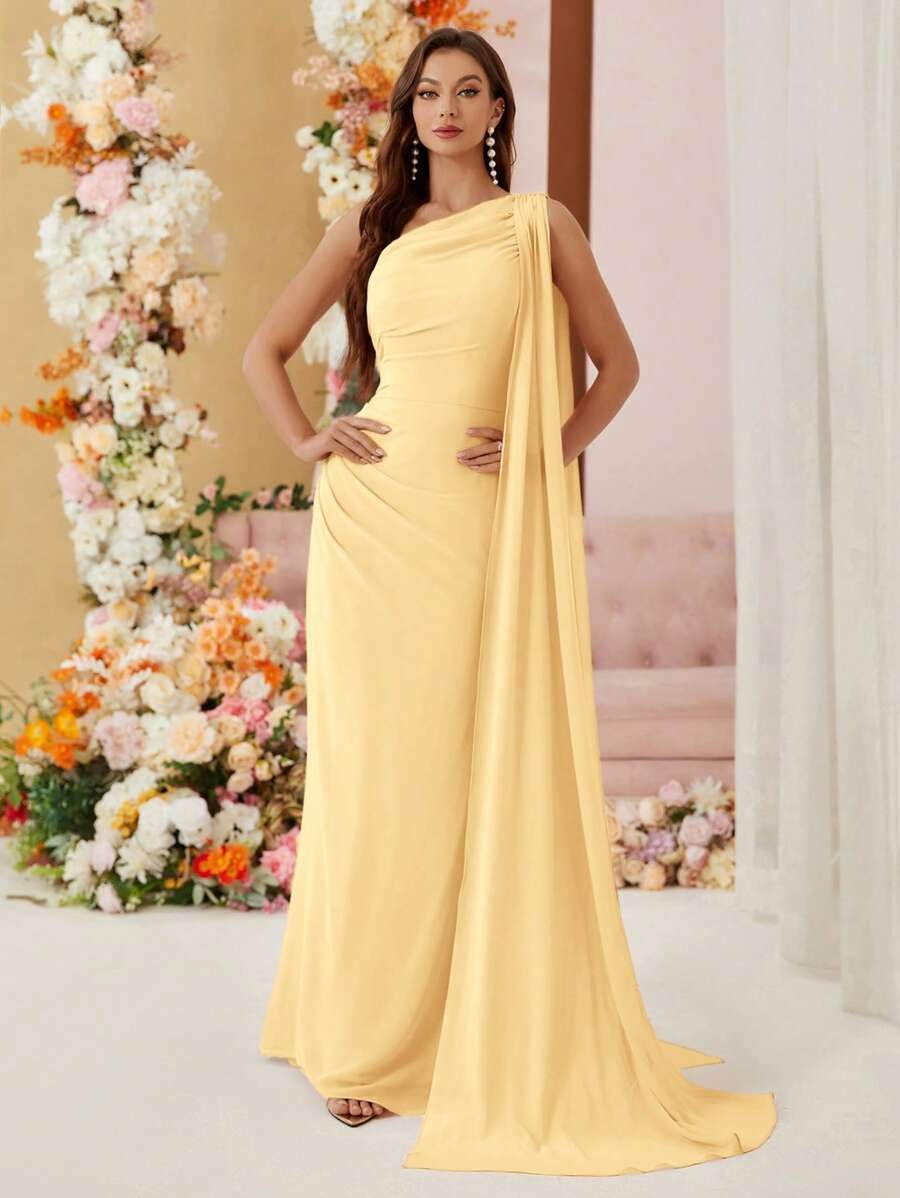 SHEIN Aureia فستان أصفر أنيق طويل بكتف واحد