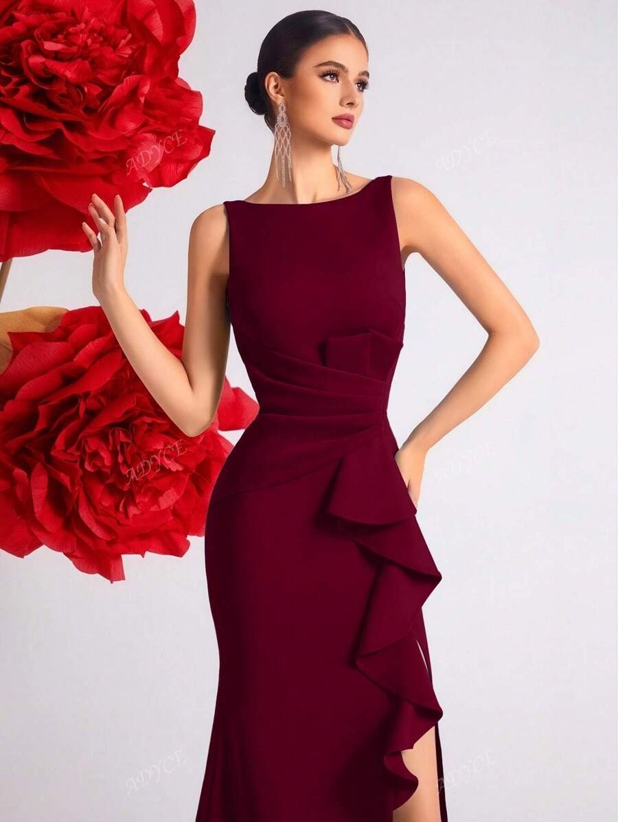 SHEIN ADYCE فستان رسمي أنيق عنابي طويل بفتحة ظهر وكشكشة ناعمة