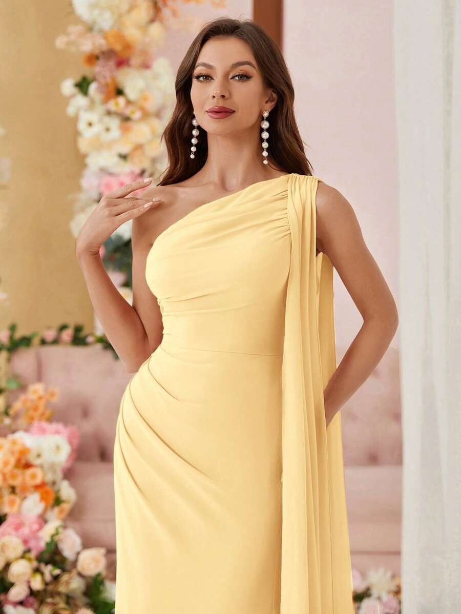 SHEIN Aureia فستان أصفر أنيق طويل بكتف واحد