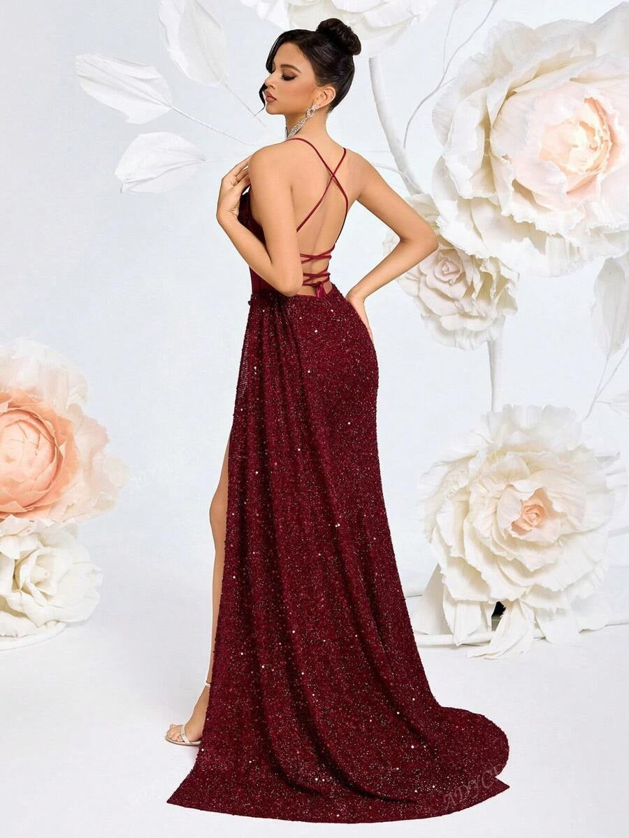 SHEIN ADYCE فستان سهرة عنابي مزين بالفصوص ولامع