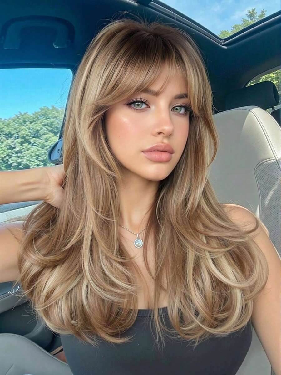 SHEIN باروكة شعر طويل مموج غرة أمامية وجذور داكنة بألوان بني وأشقر
