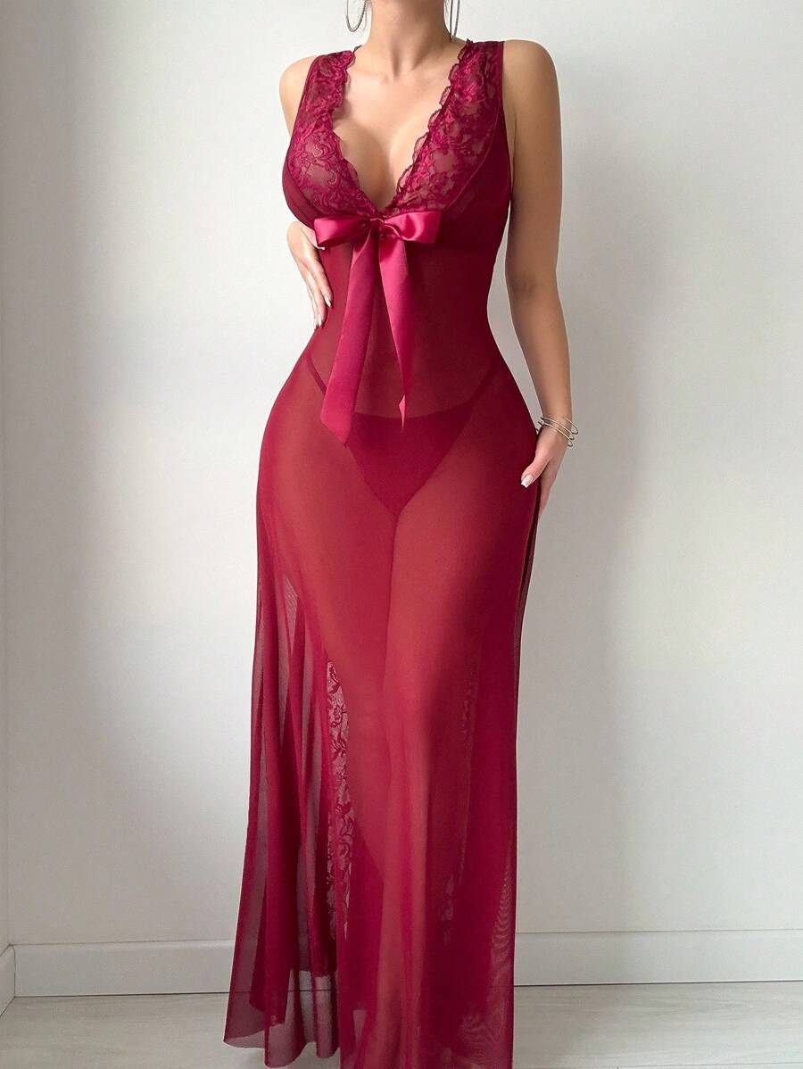 SHEIN طقم مثير من قطعتين، مصنوع من الدانتيل والشبك الشفاف لون عنابي