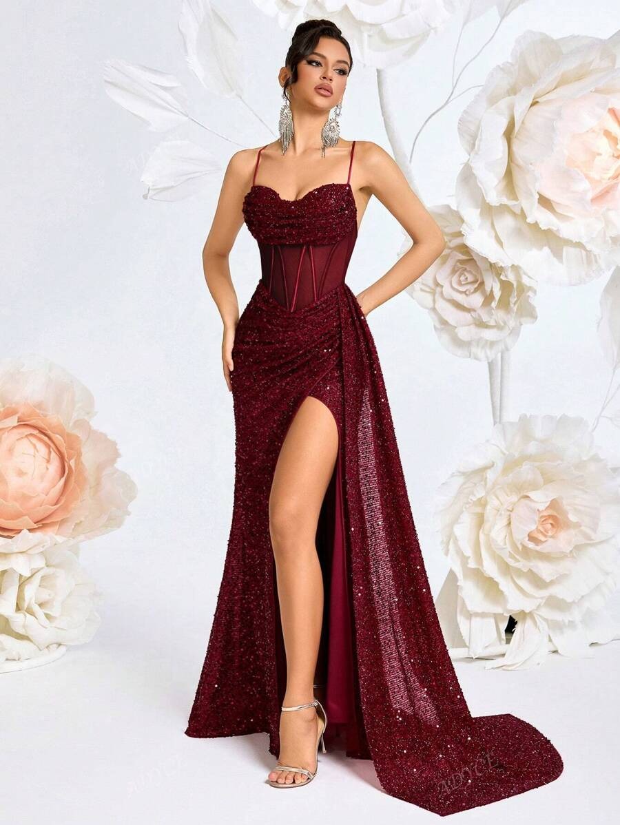 SHEIN ADYCE فستان سهرة عنابي مزين بالفصوص ولامع