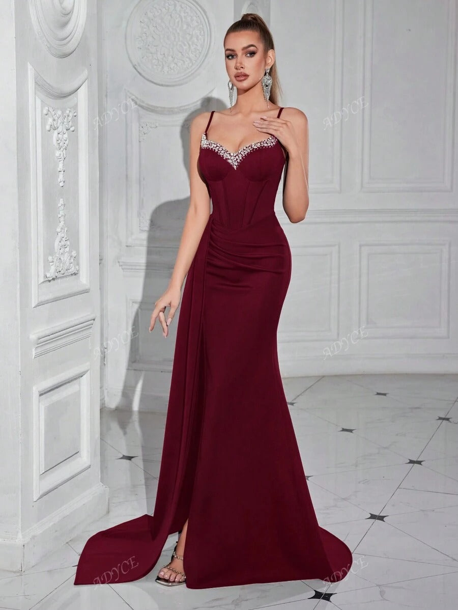 SHEIN فستان ماكسي عنابي مرصع بالراين