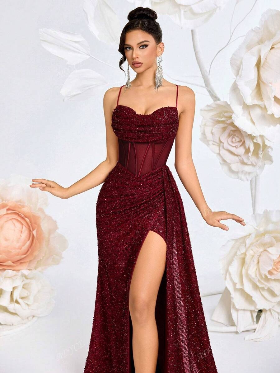 SHEIN ADYCE فستان سهرة عنابي مزين بالفصوص ولامع