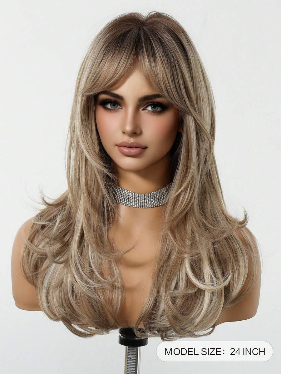 SHEIN باروكة شعر طويل مموج غرة أمامية وجذور داكنة بألوان بني وأشقر