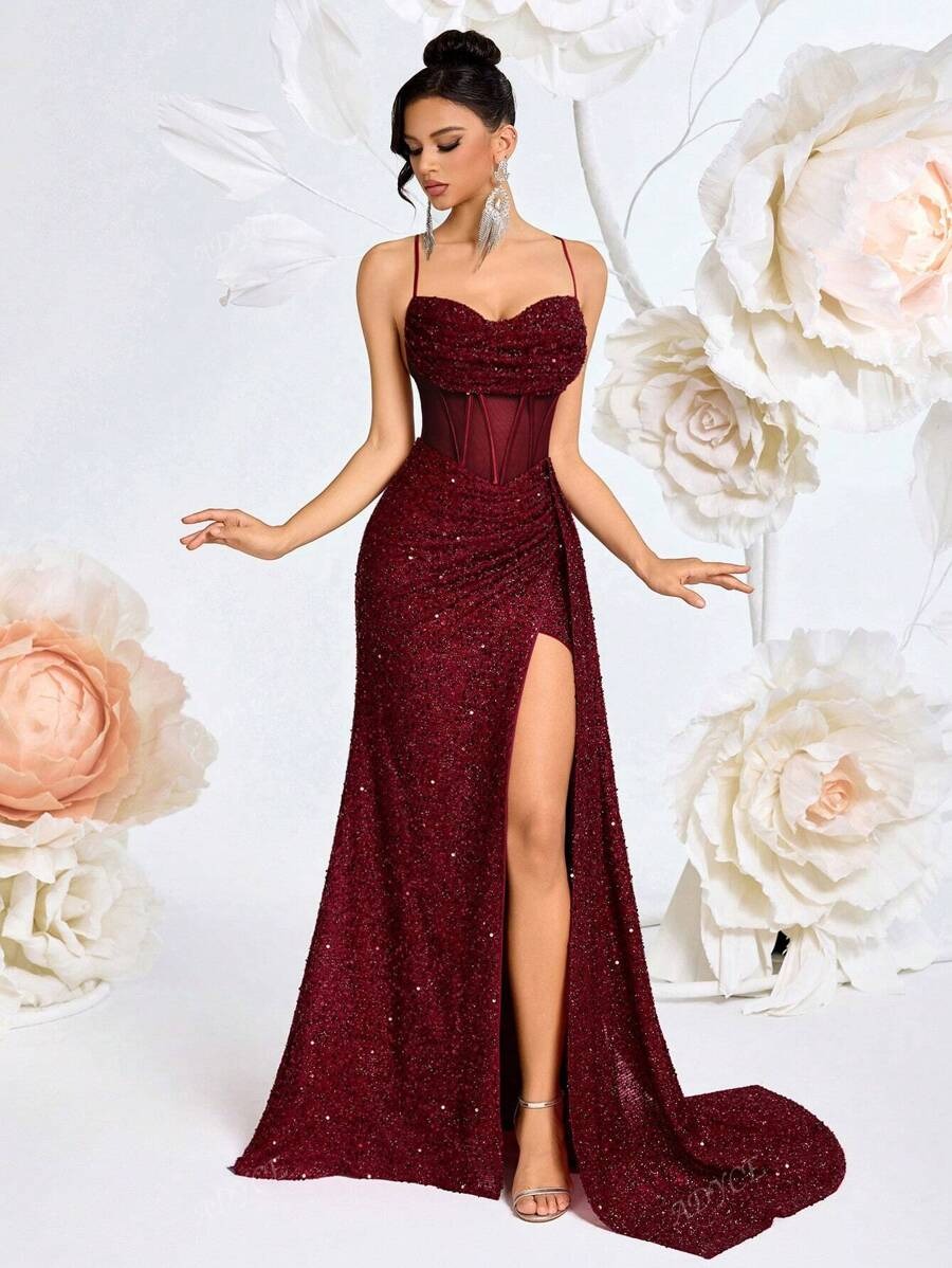 SHEIN ADYCE فستان سهرة عنابي مزين بالفصوص ولامع