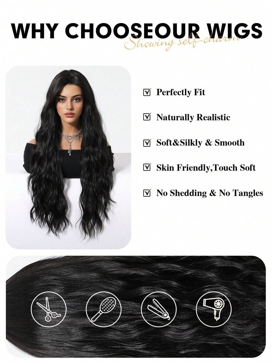 SHEIN باروكة شعر كيرلي أسود غرة أمامية ومظهر طبيعي وجذاب