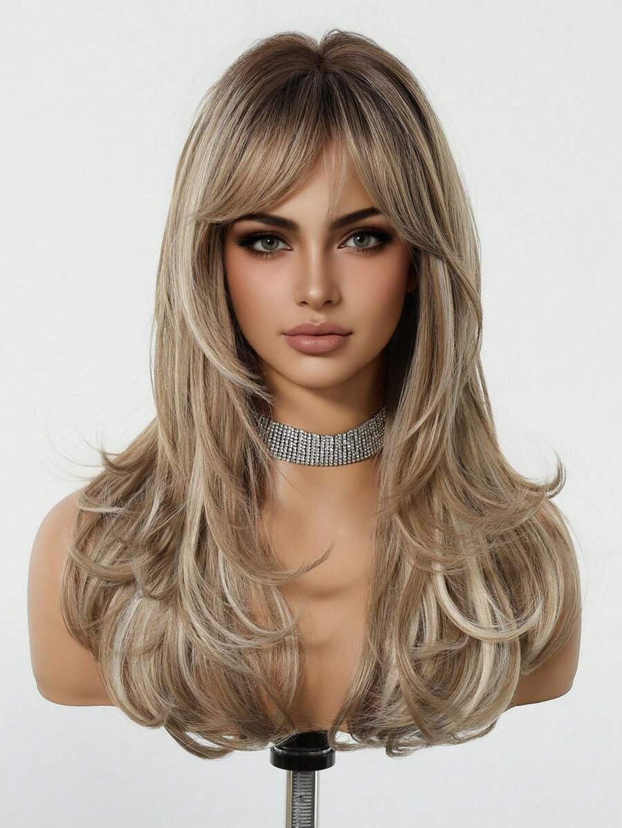 SHEIN باروكة شعر طويل مموج غرة أمامية وجذور داكنة بألوان بني وأشقر
