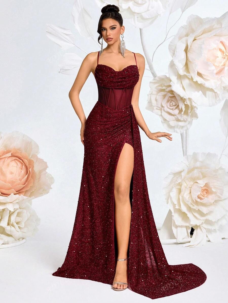 SHEIN ADYCE فستان سهرة عنابي مزين بالفصوص ولامع
