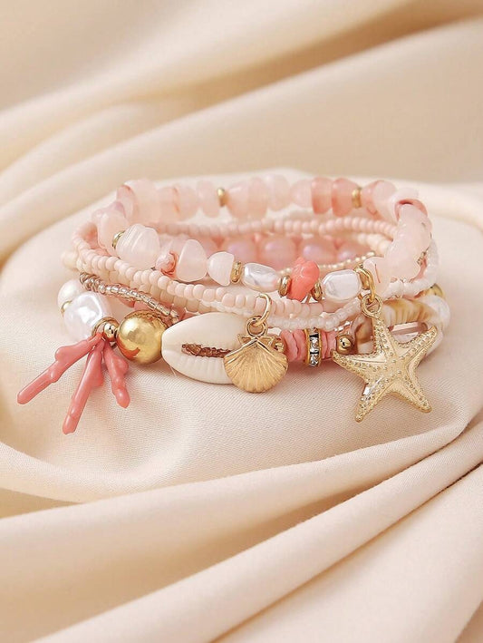 SHEIN طقم 6 أساور بوهيمي خرز وأحجار طبيعية ولؤلؤ وأصداف