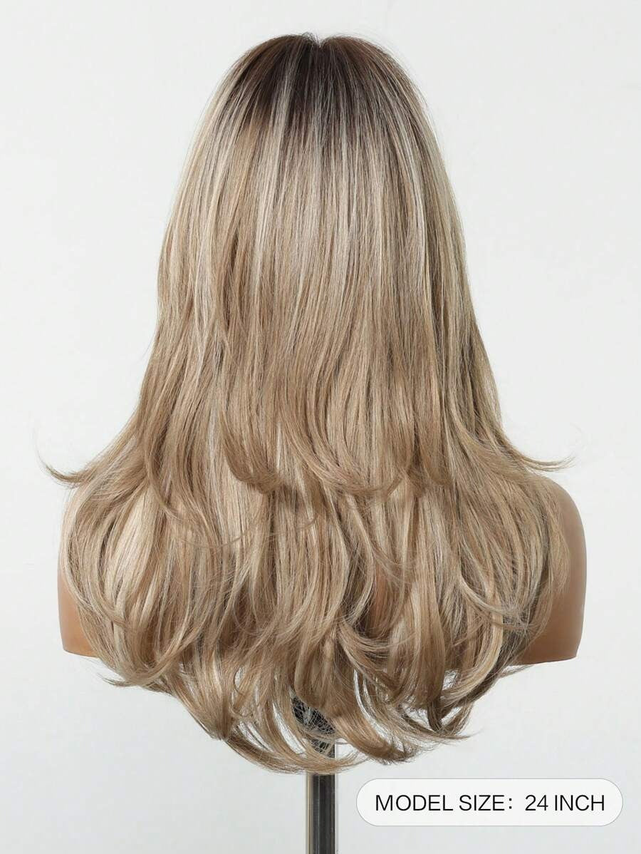 SHEIN باروكة شعر طويل مموج غرة أمامية وجذور داكنة بألوان بني وأشقر