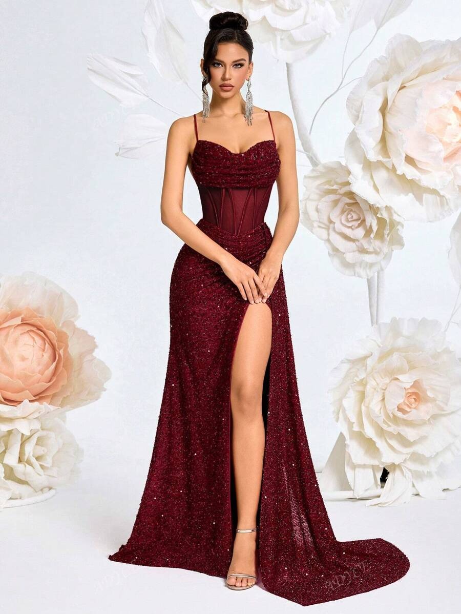 SHEIN ADYCE فستان سهرة عنابي مزين بالفصوص ولامع