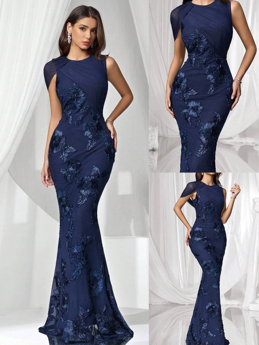 SHEIN Coutiva فستان سهرة أزرق بتطريز ثلاثي الأبعاد