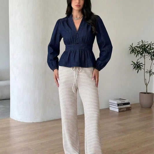 SHEIN Comfortcana بنطال نسائي كاجوال مخطط بخصر برباط بلون كاكي