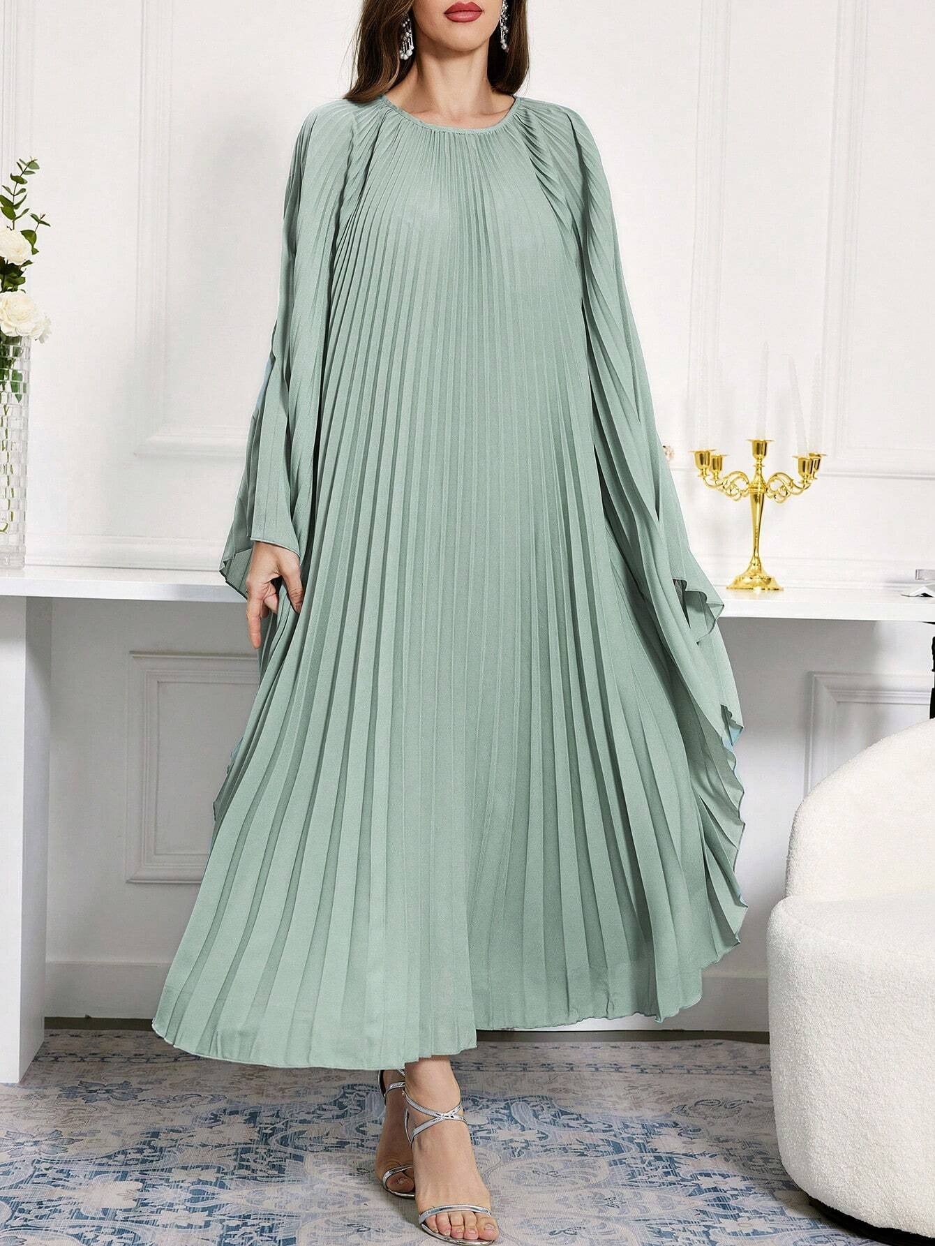 SHEIN Al Najma فستان قفطان عربي محتشم طويل الأكمام برقبة مستديرة موحد اللون