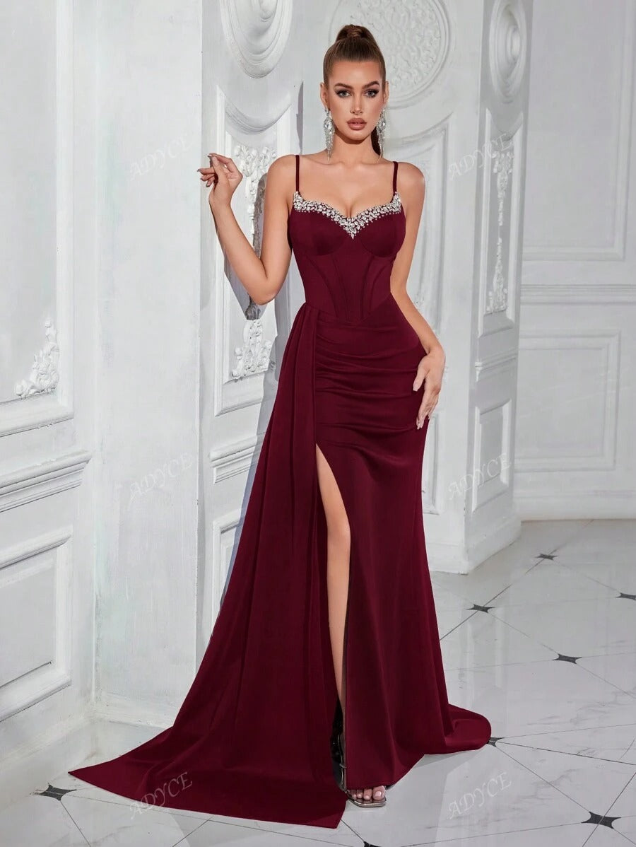 SHEIN فستان ماكسي عنابي مرصع بالراين