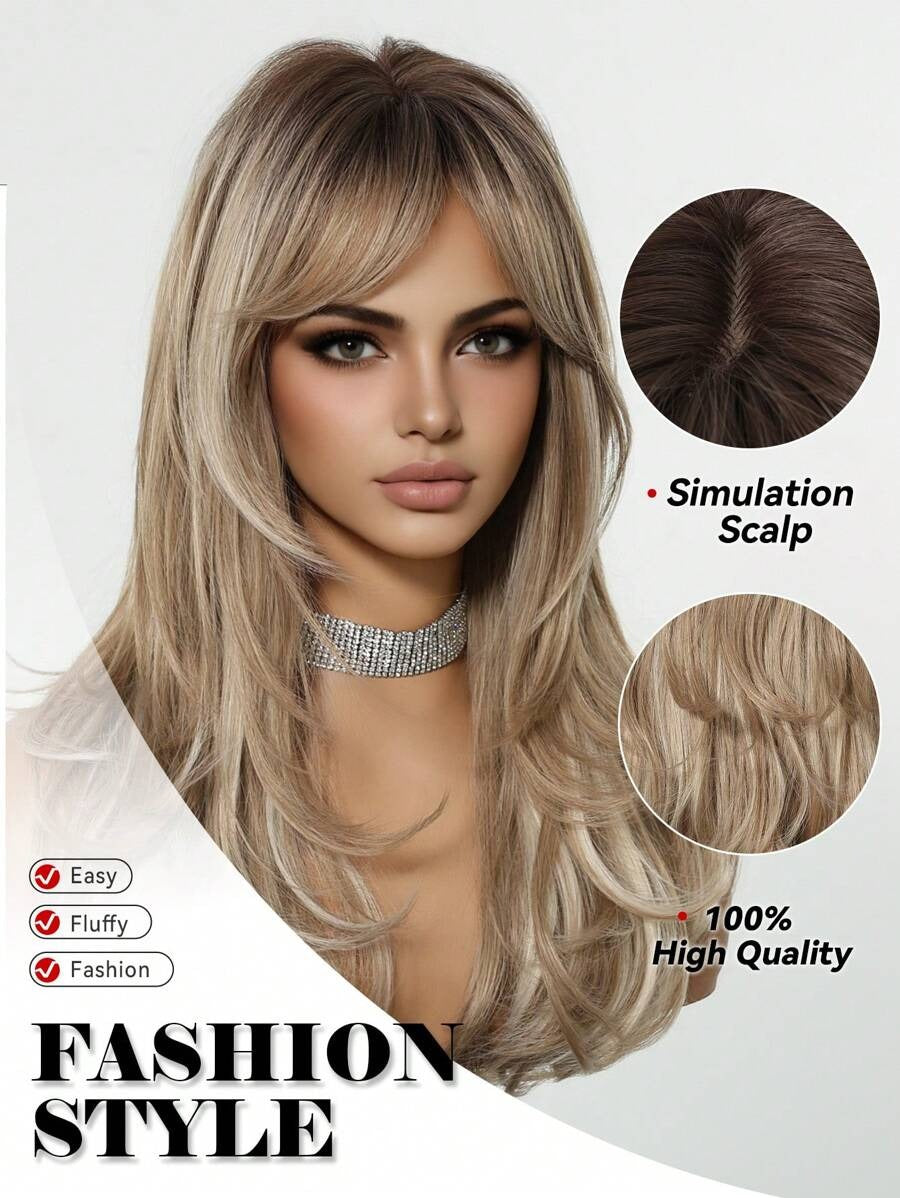 SHEIN باروكة شعر طويل مموج غرة أمامية وجذور داكنة بألوان بني وأشقر