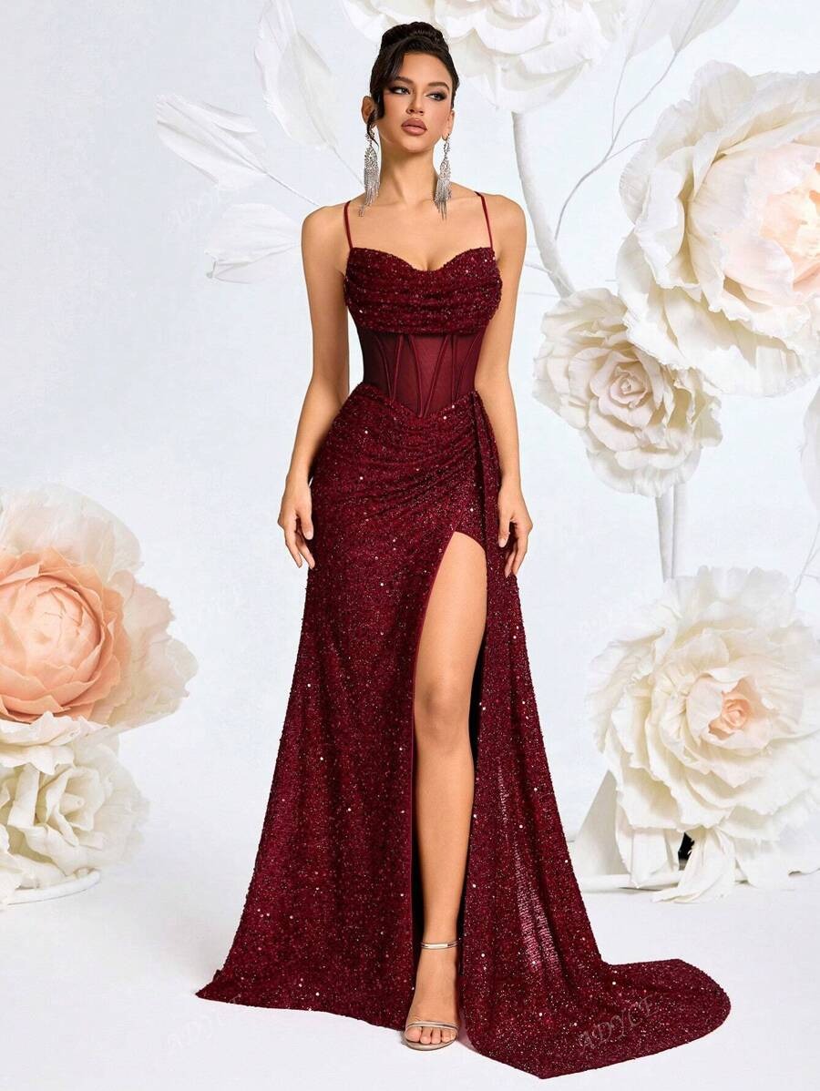 SHEIN ADYCE فستان سهرة عنابي مزين بالفصوص ولامع