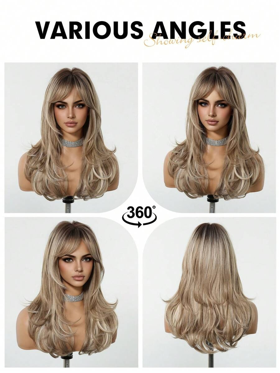 SHEIN باروكة شعر طويل مموج غرة أمامية وجذور داكنة بألوان بني وأشقر
