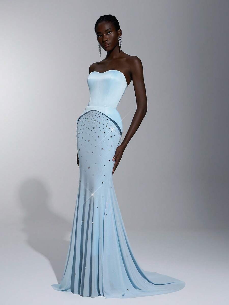 SHEIN Elitara فستان ساتان ناعم ومزين بحبيبات الراين أزرق فاتح