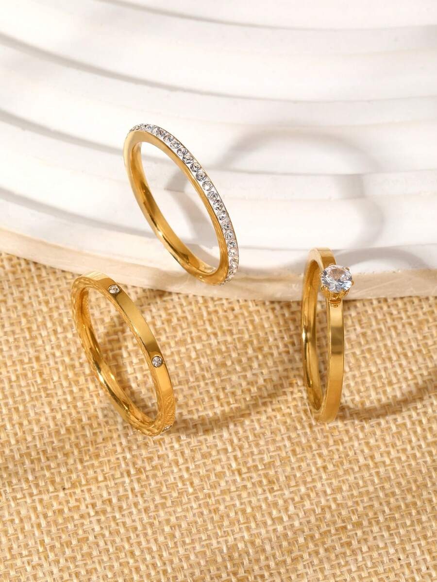 SHEIN 18K طقم خواتم ذيل مطلية ذهب أصفر مزينة بزركونيا مكعبة