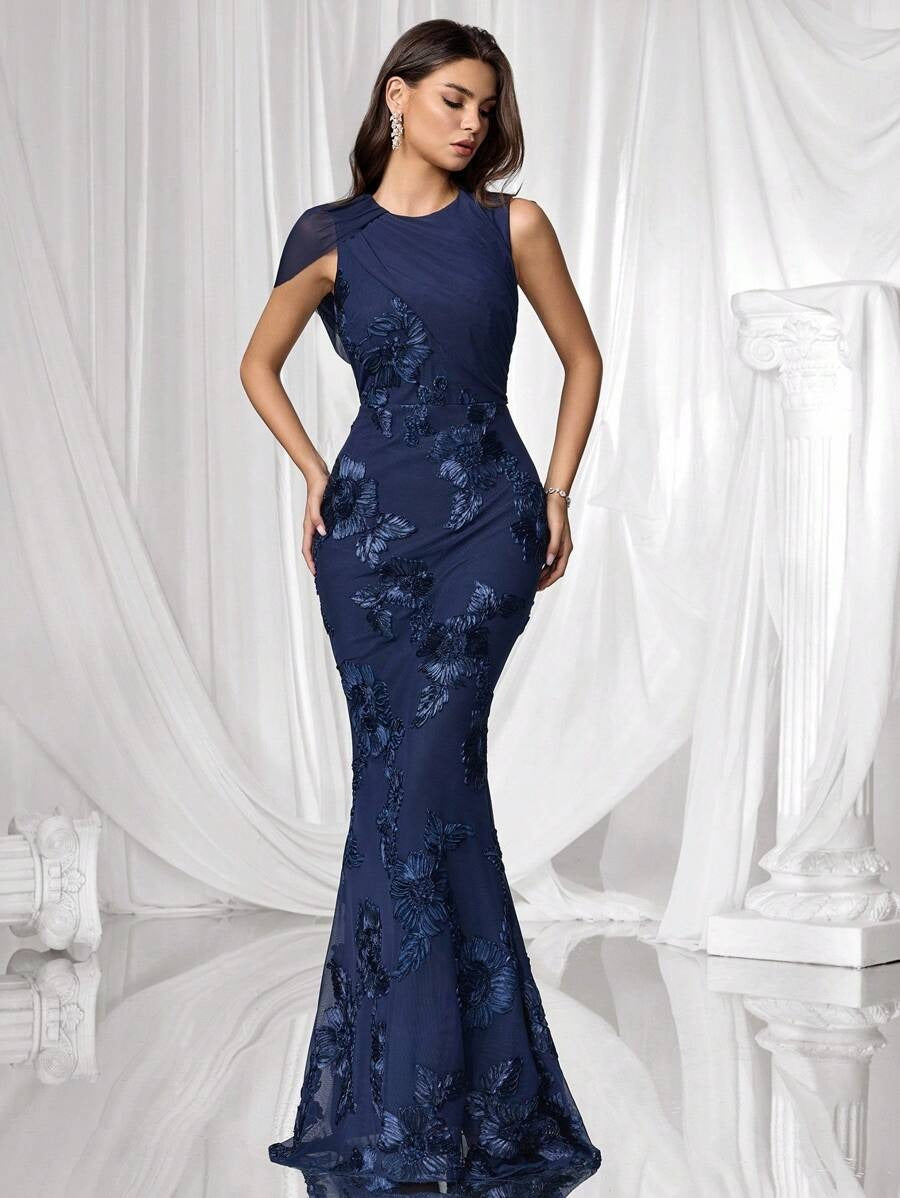 SHEIN Coutiva فستان سهرة أزرق بتطريز ثلاثي الأبعاد