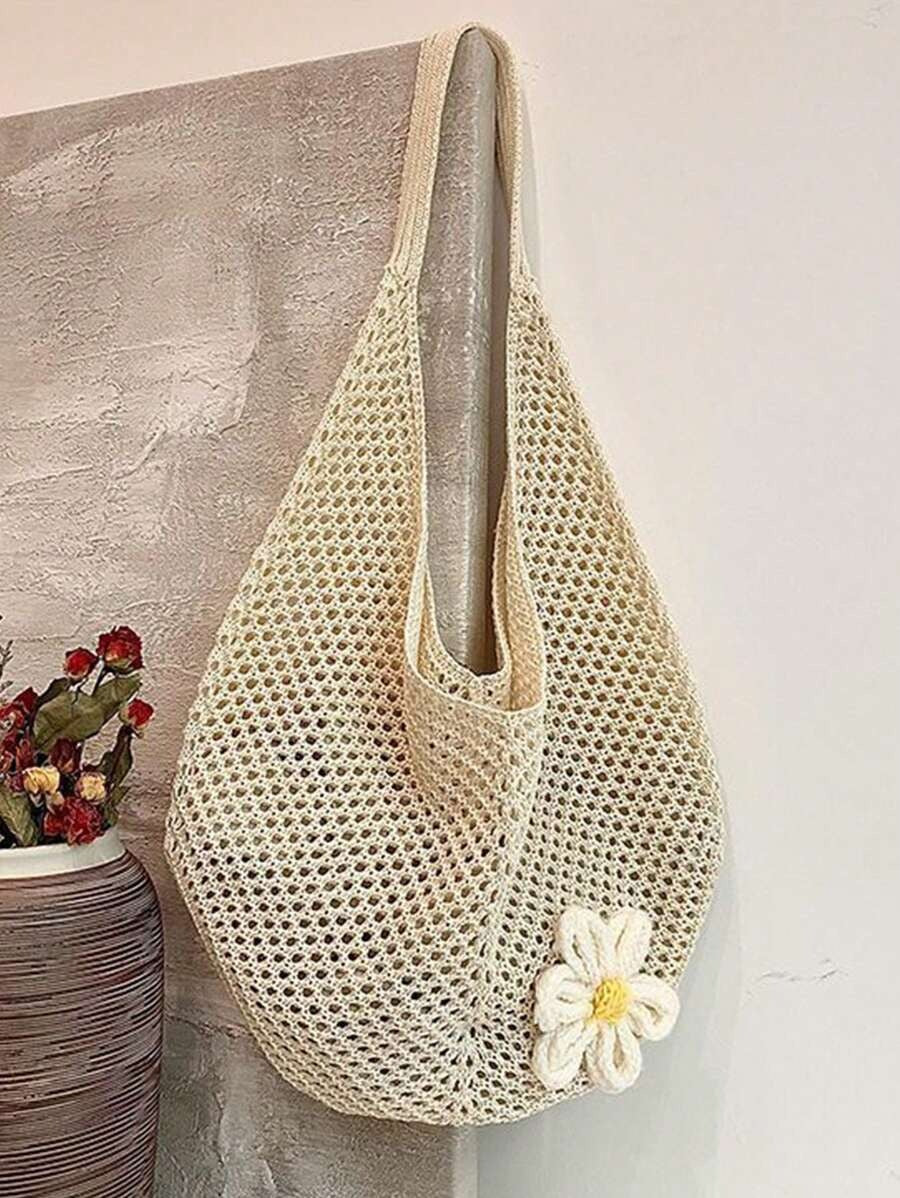 SHEIN حقيبة شاطئ كروشيه كبيرة بطابع بوهيمي لون بيج