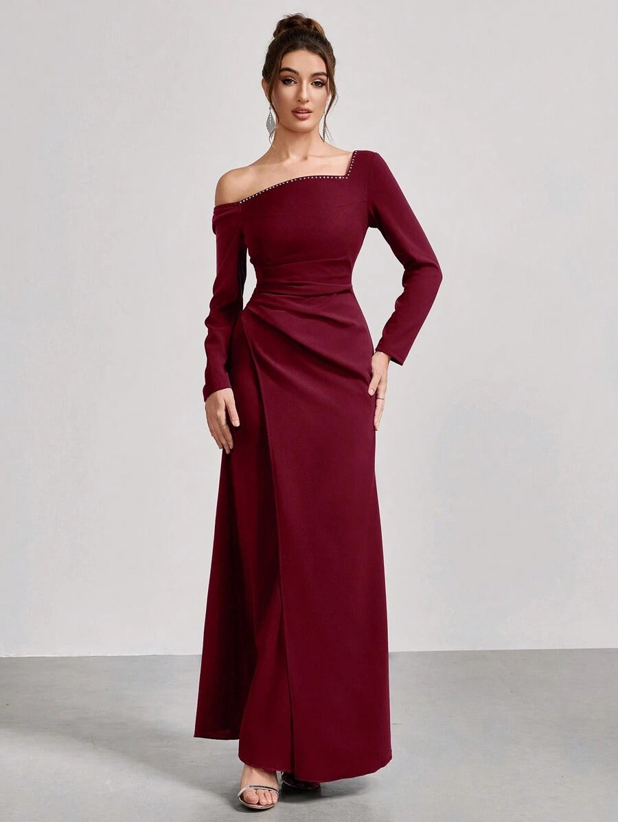 SHEIN Coutiva فستان سهرة عنابي طويل