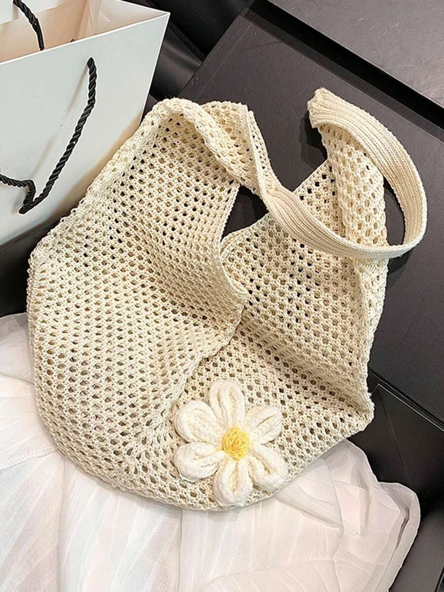 SHEIN حقيبة شاطئ قطن محبوكة بدون بطانة – بيج