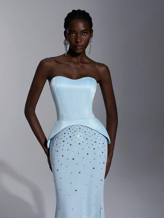 SHEIN Elitara فستان ساتان ناعم ومزين بحبيبات الراين أزرق فاتح
