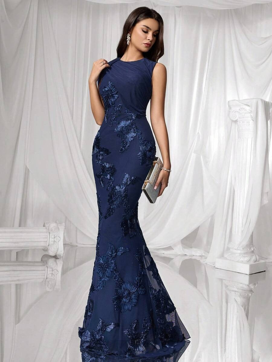 SHEIN Coutiva فستان سهرة أزرق بتطريز ثلاثي الأبعاد