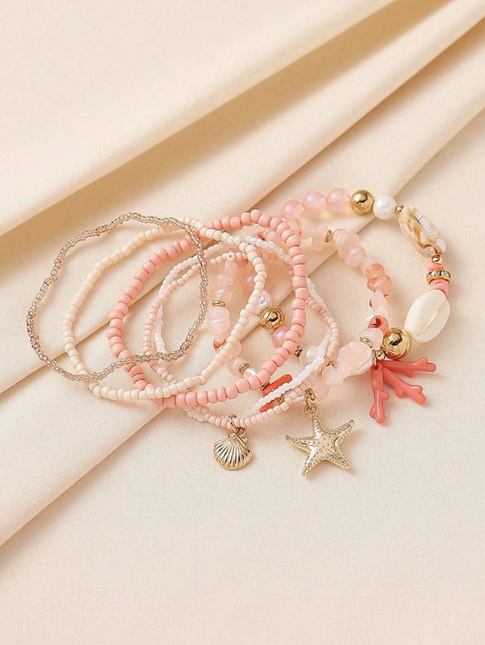 SHEIN طقم 6 أساور بوهيمي خرز وأحجار طبيعية ولؤلؤ وأصداف