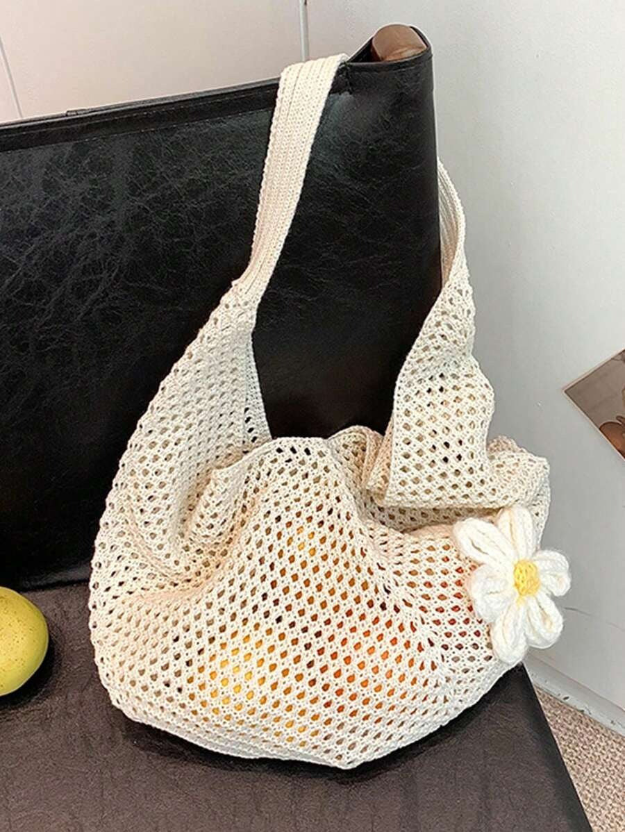 SHEIN حقيبة شاطئ كروشيه كبيرة بطابع بوهيمي لون بيج